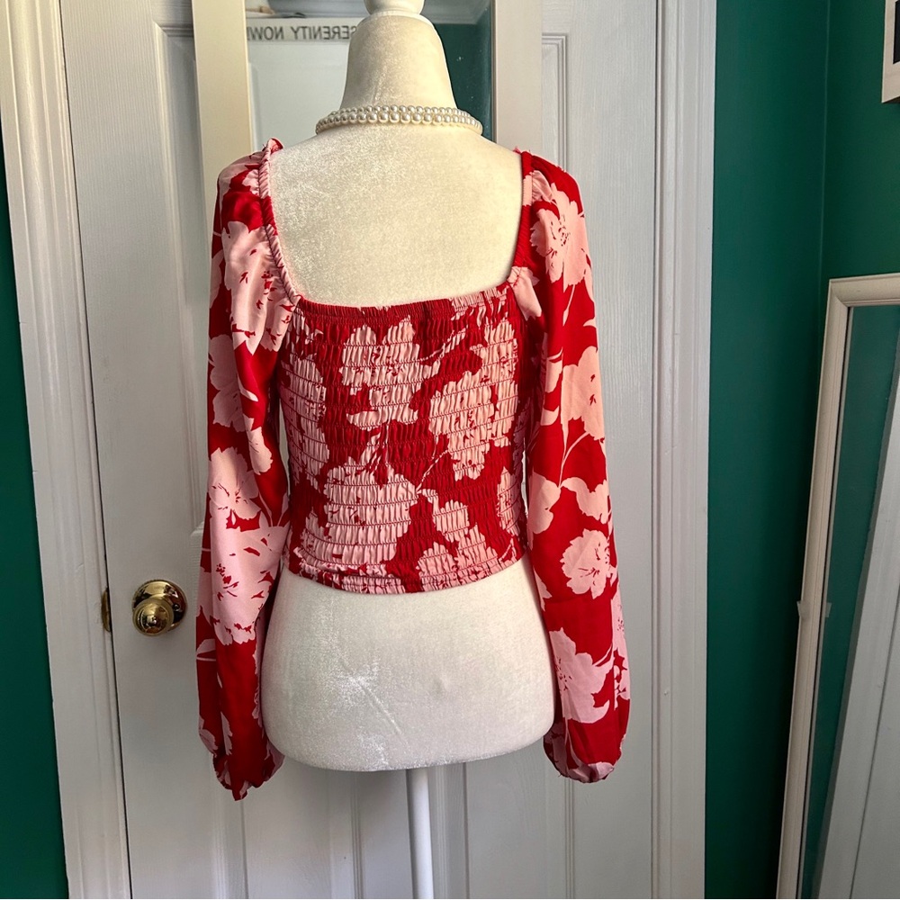 Floral Red and Pink Ruched Blouse Small - Picture 2 of 6